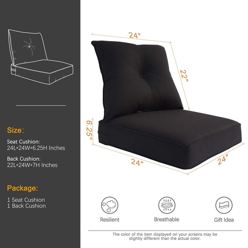 BOSSIMA Indoor Outdoor Deep Seat Chair Cushion, Fade Resistant, 24 inches Replacement Foam Seat Cushions, (Olefin Black) - Image 2